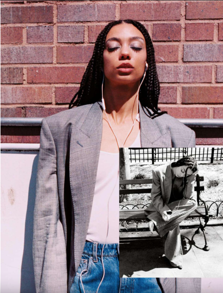 a woman in a grey suitcoat worn over a low cut top and blue denim jeans has her eyes closed and wired headphones in her ears. Superimposed over this photo in the bottom right is a black and white image of the same woman seated on a park bench with her legs crossed and her eyes cast down.